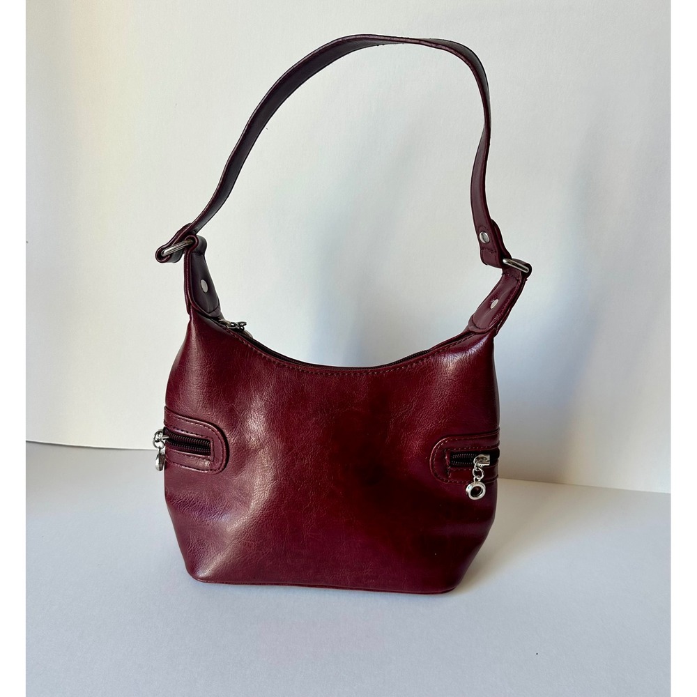 Burgundy Faux Leather Hobo Shoulder Bag Vintage Style Wine Red Multi-Zip Purse